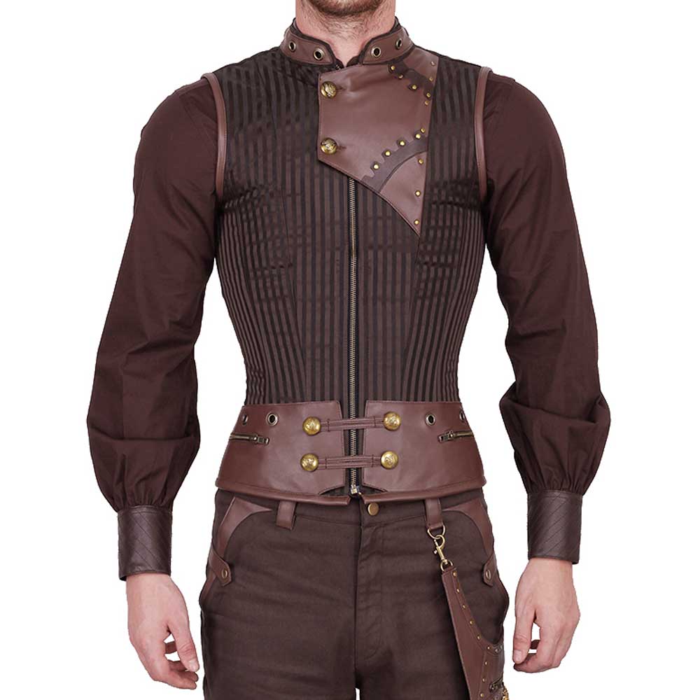 Steampunk hommes rayé sur le corset de la poitrine avec art cuir marron